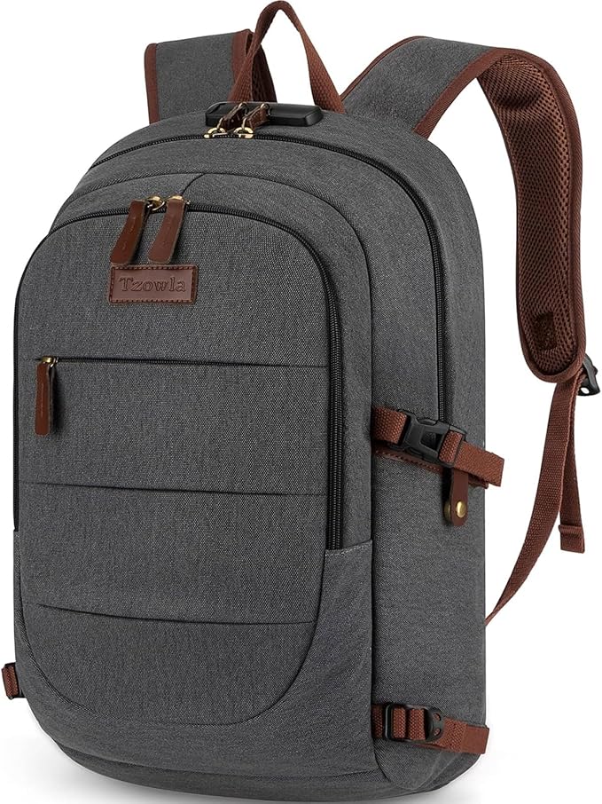 Tzowla Canvas Laptop Backpack-Anti Theft Bag for Men Women,Rucksack Fits 15.6Inch Laptop, Work Travel with Lock