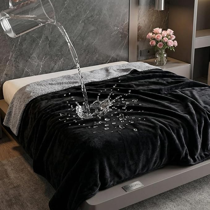 Tisancy King Size Waterproof Blanket for Bed Couch, 82'' x 82'' Double Side Leakproof Reversible Sherpa Flannel Fleece 3-Layer Lightweight Blanket, Absorbs 80oz(Black/Gray), Machine Washable