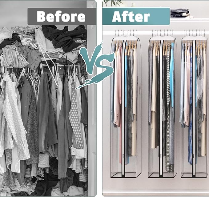 Liuoud Clear Garment Bag for Hanging Clothes 10” Gusseted, (40&50") Suit Bags for Open Closet Storage Plastic Clothes Cover for Coat, Dress, Shirts, Fur, Jacket, Wardrobe Protectors, 4 Pack