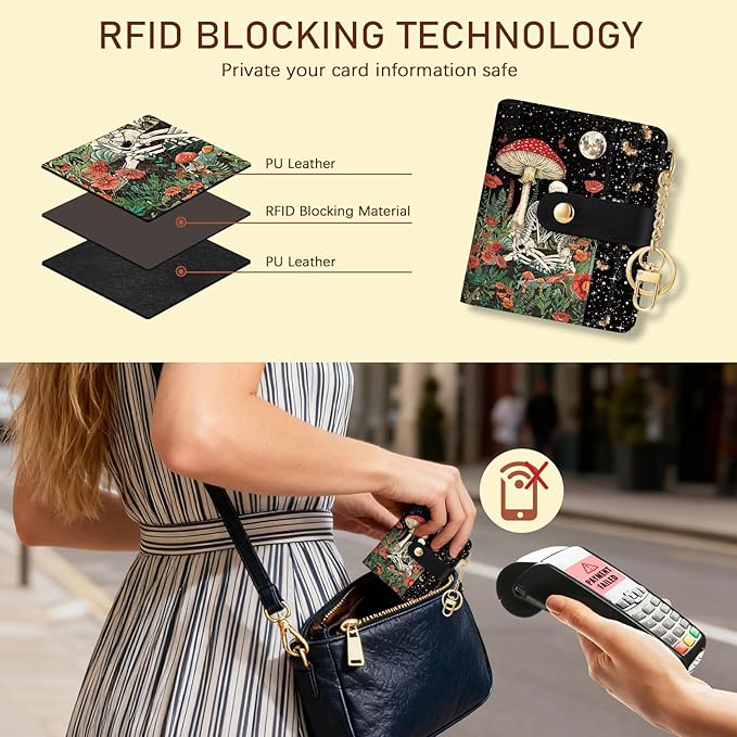 Jogjam Mushroom Skull Rfid Ladies Wallet, Small Slim Thin Compact Credit Card Women Wallet, Skeleton Goth Horror PU Leather Bifold Zipper Coin Pocket for Female