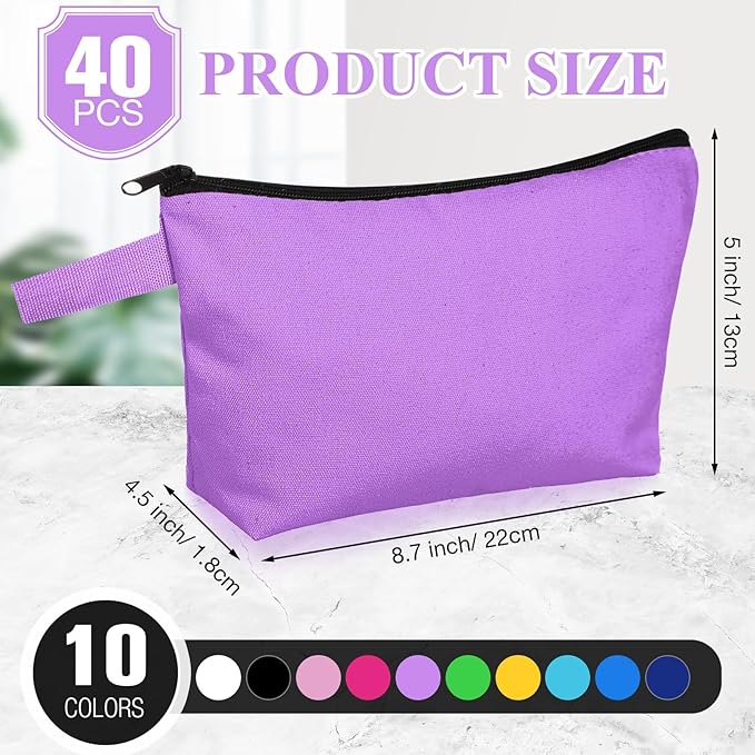 Frienda 40 Pack Canvas Makeup Bags Bulk Cosmetic Bags with Bottom Travel Canvas Zipper Pouch Multi Purpose Blank for Women Purse Toiletry Pencil DIY Craft, 10 Colors (8.7 x 5.1 x 1.7 Inch)