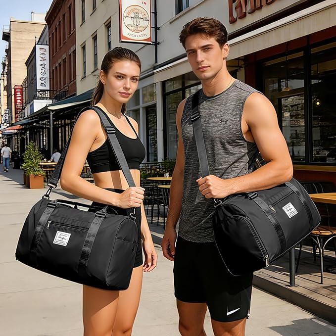 Small Black Sports Gym Duffel Bags for Women Men, Travel Totes Bag Cute Weekender bag with Wet Pocket and Shoe Compartment for Carry On, Gym, Dance, Overnight, Sport Pickleball, Tennis, Racketball