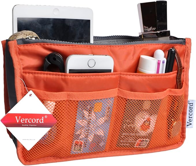 Vercord Purse Organizer Insert for Handbags Bag Organizers Inside Tote Pocketbook Women Nurse Nylon 13 Pockets Orange Large