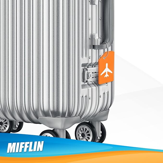 Mifflin-USA Silicone Luggage Tags (Orange, 2 Pack) with Plane Embedded Design & Name ID Card; Bright Colors to Quickly Find Your Bag