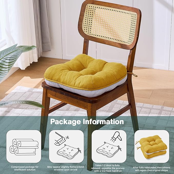 BETU Chair Cushions for Dining Chairs Set of 2,3.5" Thick Kitchen Table Chair Pads with Ties,Non Slip Backing and Covers, Seat Cushion for Dining Room,Bar,Patio Chairs,16"X16"X3.5",Yellow