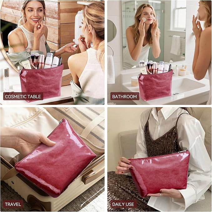 WLLWOO PVC Waterproof Makeup Bag Kraft Paper Cosmetic Bag Travel Toiletry Zipper Pouch Organizer for Women Purse
