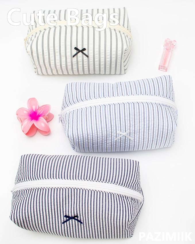 PAZIMIIK 2PCS Cozy Makeup Bag Small Aesthetic Travel Zipper Cosmetic Pouch for Women Make Up Beauty Accessories Brushes, Stripe Blue Mix