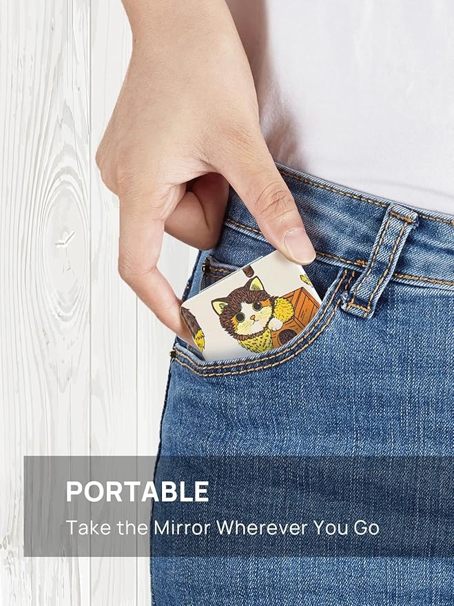 OMIRO 1X/3X Magnifying Mirror, Unique Painting Compact Mirror with Classical PU Leather, 2.4" W x 3.4" L (Ginger Cat)