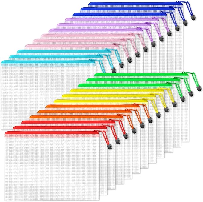 SUNEE Mesh Zipper Pouch 9.2x12.5 in (8 Colors, 24 Packs),Extra Large Water-Resistant Zip Bag for School Office Supplies, Puzzles & Games Organizing Storage