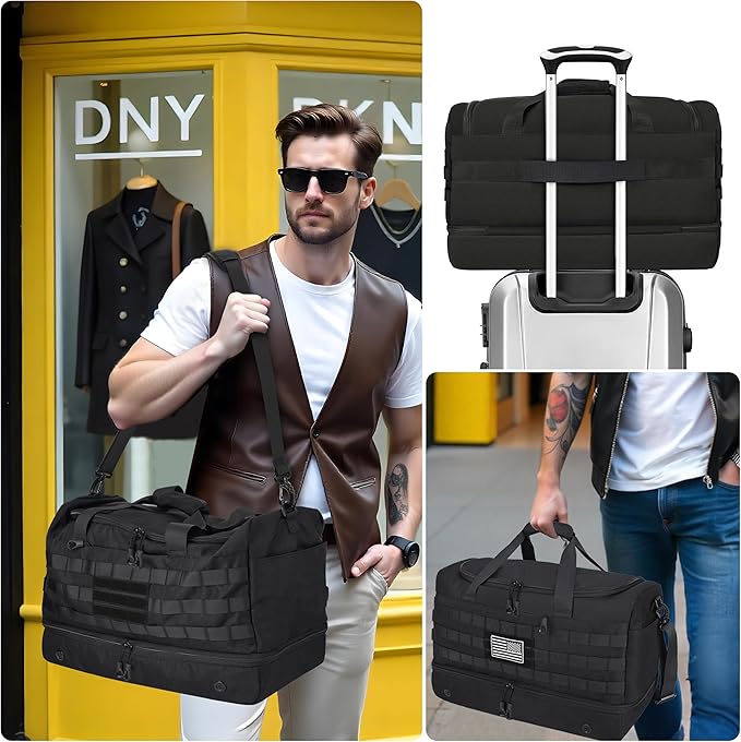 MOZETO Black Duffle Bag for Men, 45L Carry On 22x14x9 Travel Duffle with Shoe Compartment Tactical Inspired Heavy Duty GYM Overnight Bag Wet-Dry Separated Compartment
