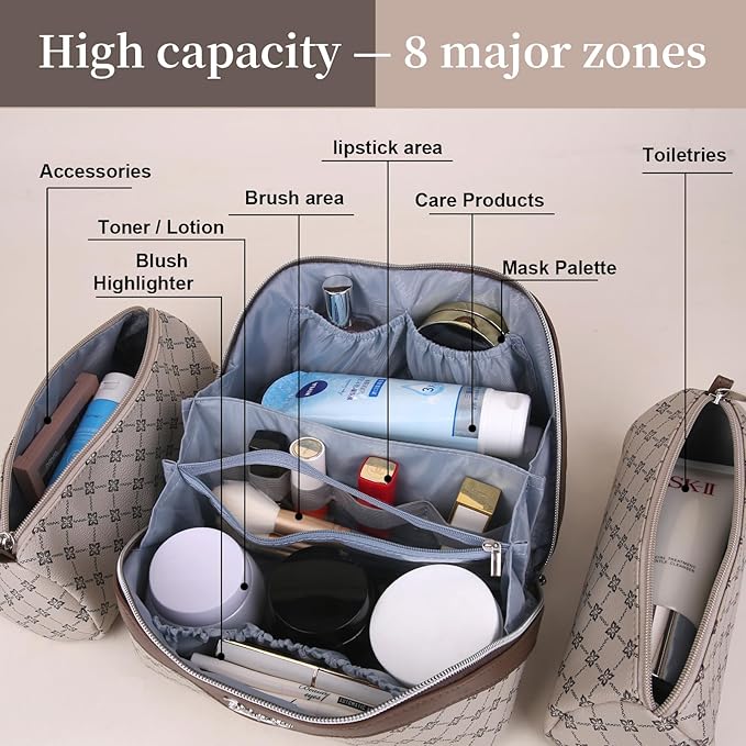 BOYATU Travel Makeup Bag Cosmetic Bags for Women: 3 Pcs Set Large Capacity Make up Bag with Handle - Vegan Leather Toiletry Bags with Compartments - Makeup Organizer for Travel Essentials(A-2-Khaki)