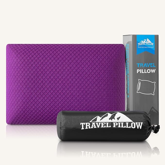 Travel Pillow Memory Foam Pillows, Camping Pillow-Compressible Medium Firm, Breathable Cover, Ideal Backpacking Hiking, Bed Pillows, Airplane and Car (Purple, M)