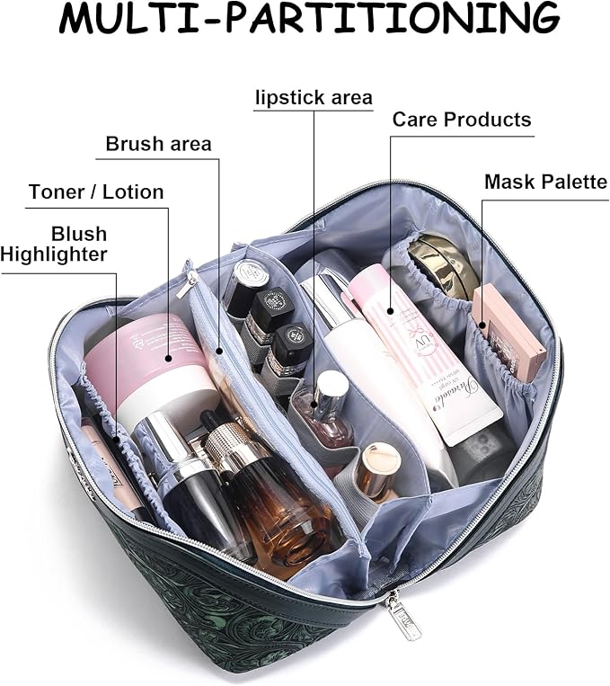 BOYATU Travel Makeup Bags Cosmetic Organizer Bag: 3 Pcs Set Large Capacity Floral Make up Bag with Compartments - Waterproof Leather Toiletry Bags with Handle for Women (18-Green)