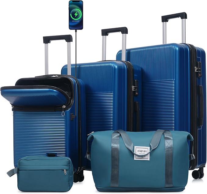 Merax Luggage Sets 5 Piece,Front Half-open Hardshell Expandable Suitcase with Spinner Wheels and Duffel Bags,Lightweight Carry on Luggage with USB Port,20/24/28IN,Blue