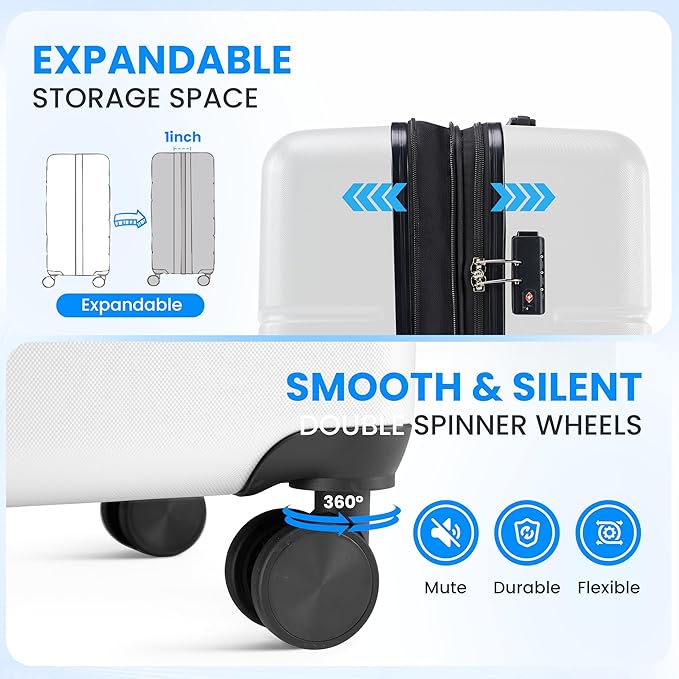 Simple Deluxe 3-Piece Luggage Sets, Suitcase with Double Spinner Wheels & TSA Lock, Hard Shell Suitcase, Expandable Rolling Lightweight Luggage, White
