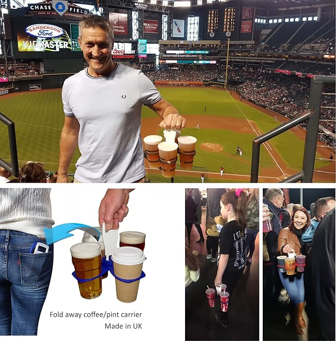 CarryAround Fold Away Cup Carrier/Caddy [Made in UK] [Black] Take-Out Coffee Soft Drink Pint Beer Beverage Holder, Sturdy Reusable Pocket Size, Festival Sports Gigs Easy Safe - hot Drinks, 2,3,4 Cups