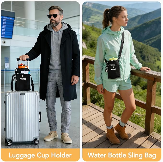 riemot Luggage Cup Holder with Strap, Travel Drink Holder with Phone Pocket, Hands Free Suitcase Drink Carrier Fits Stanley 40oz Cups, Luggage Accessories for Travel Airport Convenience