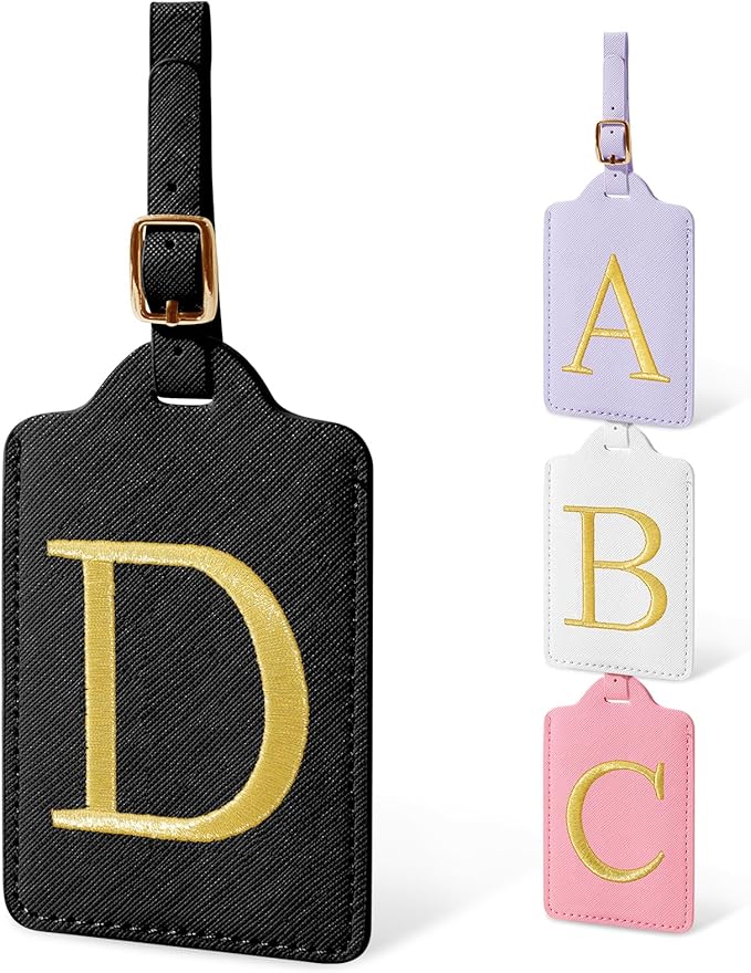 Initial Letter Luggage Tags for Suitcases, Embroidered Monogrammed Suitcase Luggage Identifier Name Tag, PU Leather TSA Approved Luggage Tags, Bag Tags for Men Women Kids Luggage Handbags(Black D)