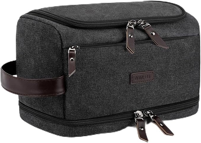 ZOMFELT Toiletry Bag for Men, Dual Layers Canvas Travel Toiletries Bag, Water-Resistant Travel Organizer with Elastic, Large Capacity Dopp Kit, Hanging Shaving Hygiene Bag, Black