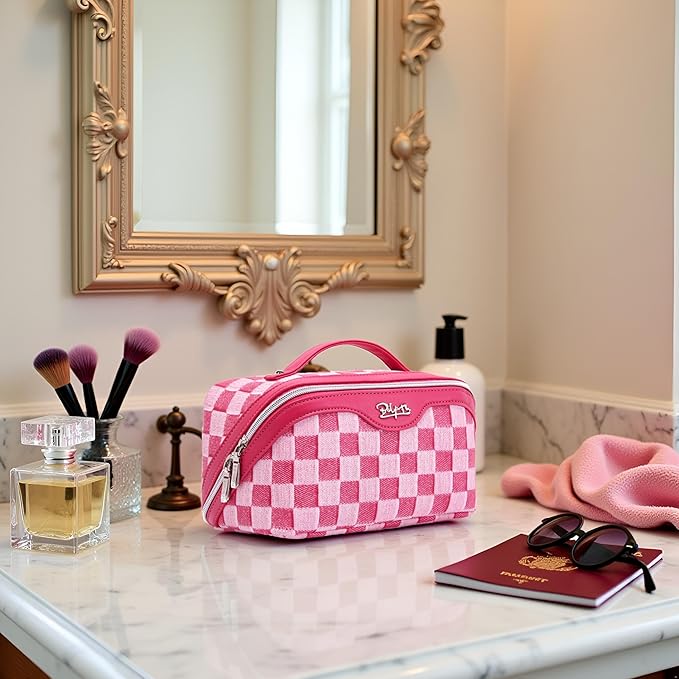 BOYATU Travel Makeup Bag for Women: Large Cosmetic Bag Set of 3 - PU Leather Make up Bag with Compartments - Compact Waterproof Toiletry Bag with Divider & Handle (D-4-Red)