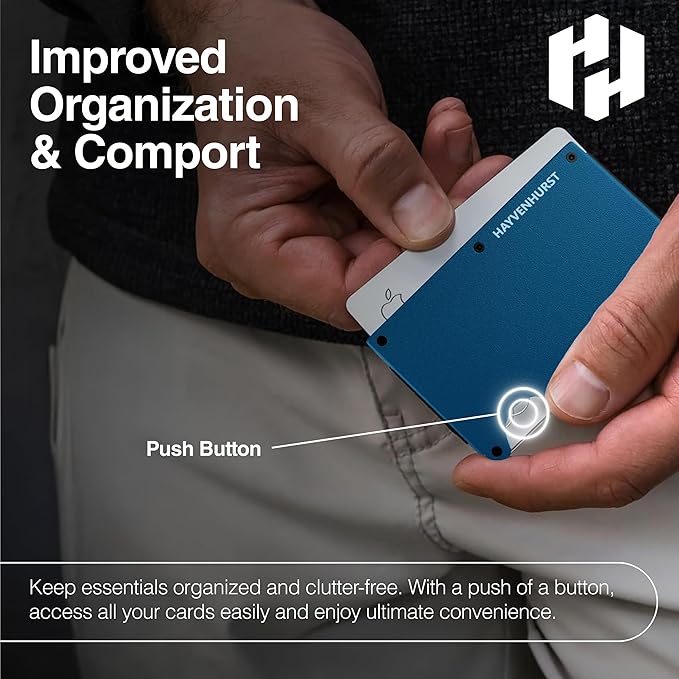 Hayvenhurst Wallet For Men - Reinvented Design Men's Wallet - Slim, Minimalistic & Seamless, Blocks RFID Scanners with a Cash Strap (Navy)