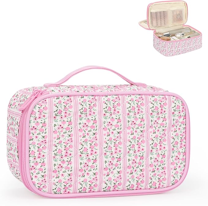Relavel Cute Makeup Bag for Girls, Portable Pink Cosmetic Bag, Dual-layer Makeup Pouch with Brush Holder, Multi-Functional Preppy Toiletry Organizer for Travel, Daily Use - Pink Flower