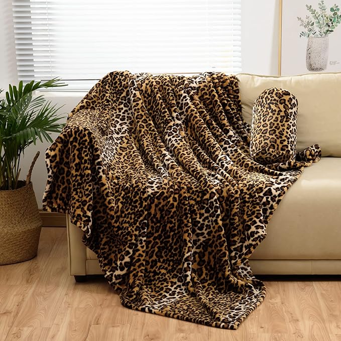 Bnuitland Leopard Print Fleece Flannel Throw Blanket with Storage Pouch for Bed Sofa Travel, 300 GSM Double Sided Super Soft Fuzzy Fluffy Cheetah Print Blanket for Adults and Kids, 50×60 inch