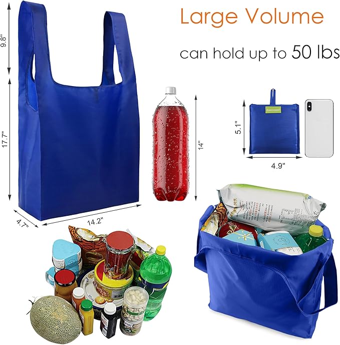 BeeGreen Blue Reusable Grocery Bags Wholesale Blue Reusable Kitchen Bags Bulk Foldable-Machine Washable with Zipper Storage Pouch 20 Packs