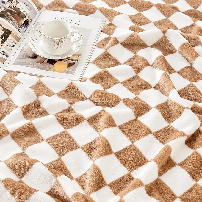 Checkered Blanket Flannel Throw Blankets Soft Cozy Checkered Grid Print Chessboard Gingham Pattern Throws for Bed Sofa Couch for All Seasons, 60x80 Inch, Blonde