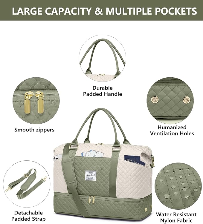 Weekender Bags for Women Duffle Bag - Travel Duffel Bag with Shoe Compartmen Carry on Overnight Bag with Toiletry Bag Gym Tote Bag with Wet Pocket Hospital Bags for Labor and Delivery Beige Green