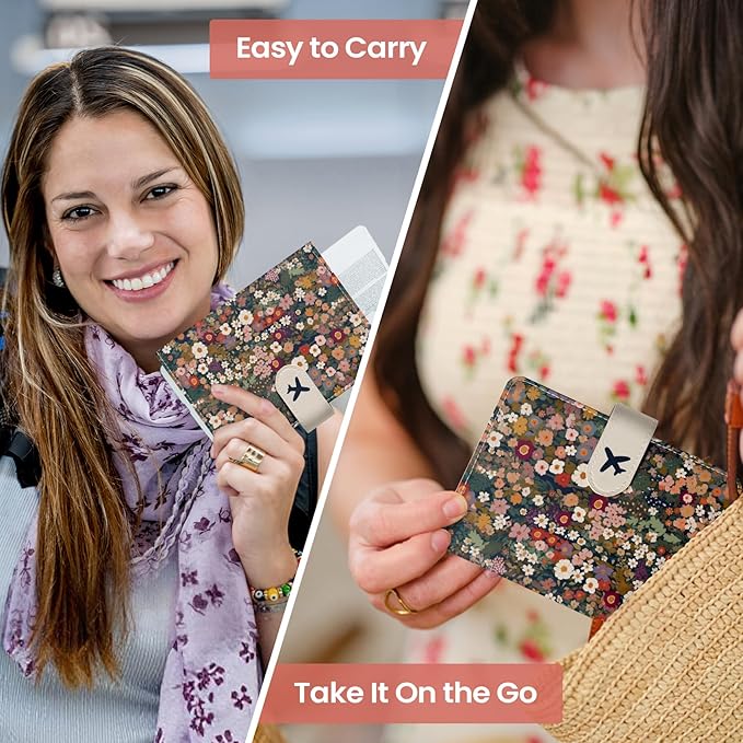 Passport Holder for Travel Essentials, RFID Blocking Leather Cover Wallet with Magnetic Closure, Aesthetic & Cute Passport Book Case for Women and Men - Flower