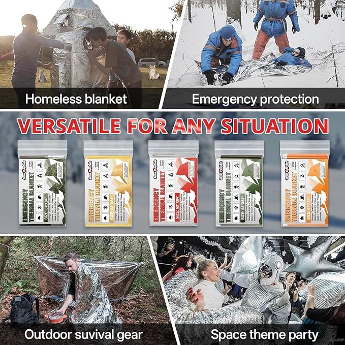 SecuCaptain Survival Emergency Thermal Blankets: Extra Large 84” x63” Space Mylar Blanket Kit for Outdoor Cold Winter Camping Hiking Car Bug Out Bag or First Aid - 10 Pack