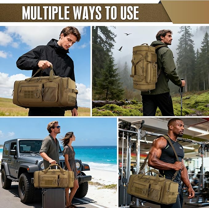 3 in 1 Tactical Gym Bag Backpack for Men 40-45L Expandable Travel Duffle Bag for Women Military Sport Duffel Bags Weekend Overnight with Shoe Compartment & Wet Pocket for Fitness, Brown