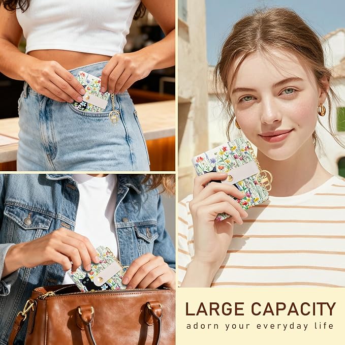 Jogjam Black Cat Flower Floral Aesthetic Rfid Women Wallet, Cute Small Slim Thin Compact Credit Card Wallet, PU Leather Bifold Cash Wallet, Zipper Coin Pocket ID Window, Girls Girly Teens Gifts