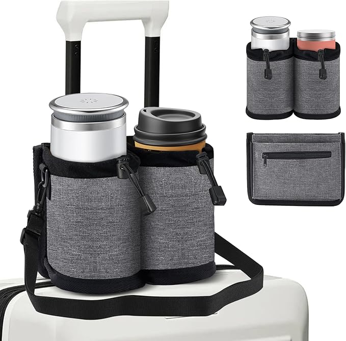 Travel Essentials Luggage Cup Holder for Suitcases Free Hands, Travel Accessories, Carry on Beverage Cup Holder Attachment, Luggage Cup Caddy Gifts for Flight Attendants, Business, Travelers, Gray