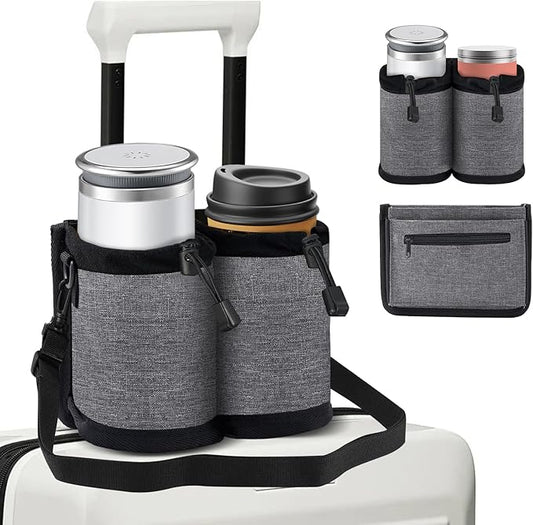 Travel Essentials Luggage Cup Holder for Suitcases Free Hands, Travel Accessories, Carry on Beverage Cup Holder Attachment, Luggage Cup Caddy Gifts for Flight Attendants, Business, Travelers, Gray
