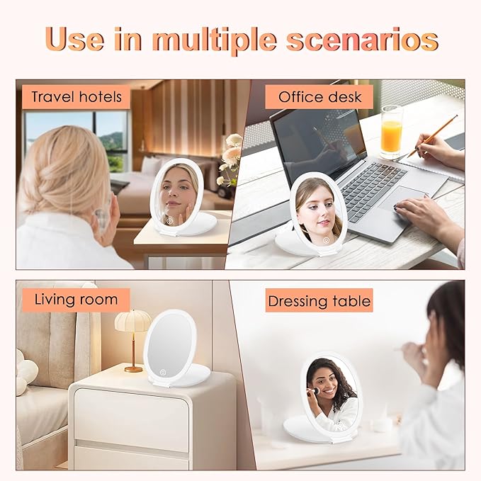 COSYGLOW Travel Makeup Mirror with Light: 3 Color Lighting Portable Mirror with Touch Screen Rechargeable Adjustable LED Lights Hexagon Vanity Mirror for Travel, Desk, Home (Round White)