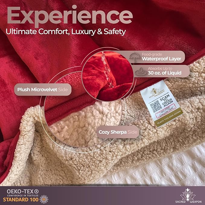 Sacred Weapon Waterproof Blanket for Bed – Dual Sherpa & Fleece Throw - Water Proof Blanket for Couch Absorbent Washable & Leak Proof – Soft & Premium Waterproof Comforter – Dark Red- 80'x50'