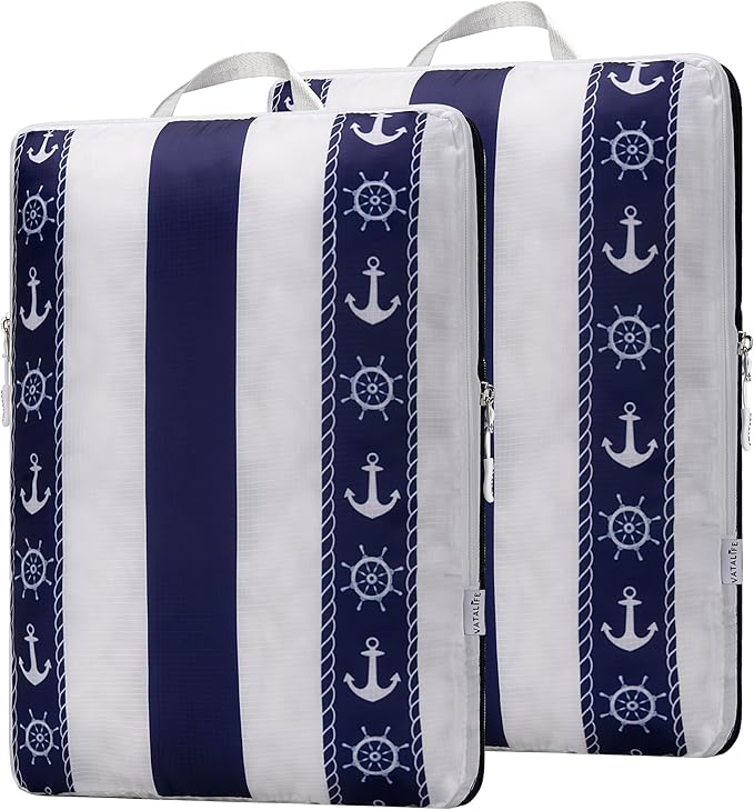 Extra Large Compression Packing Cubes for Checked Luggage, Lightweight Suitcase Organizers & Space Saver Bags - Travel Cubes for Packing - Travel Essentials - 2 Piece Set, X-Large - Cabana Stripe Navy