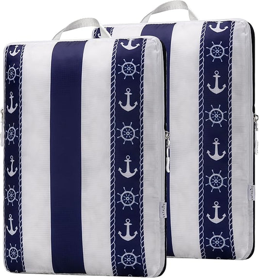 Extra Large Compression Packing Cubes for Checked Luggage, Lightweight Suitcase Organizers & Space Saver Bags - Travel Cubes for Packing - Travel Essentials - 2 Piece Set, X-Large - Cabana Stripe Navy