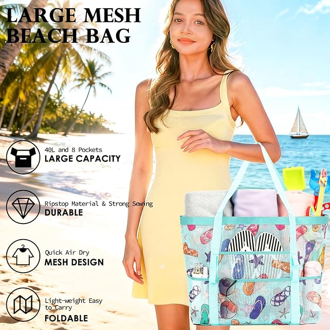 Fammart Mesh Beach Bag, Large Beach Tote with Zipper Pocket, Toys Pool Bag for Family Travel Vacation Cruise Essentials