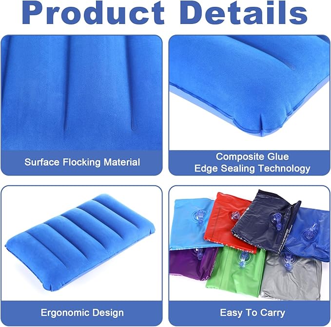 Geelin 14 Pieces Inflatable Camping Pillow 18.5 x 11.8 Inches Portable Compact Flocked Fabric Air Pillow for Travel Hiking Home Office Sleeping Neck Head Lumbar Support, Multicolor