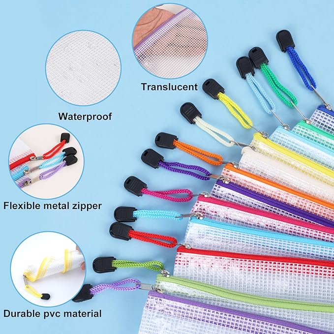 EOOUT Mesh Zipper Pouch 24pcs 9.5x4.5 Inches Small Organizing Bags in 12 Colors for Travel Storage and Office Supplies Storage