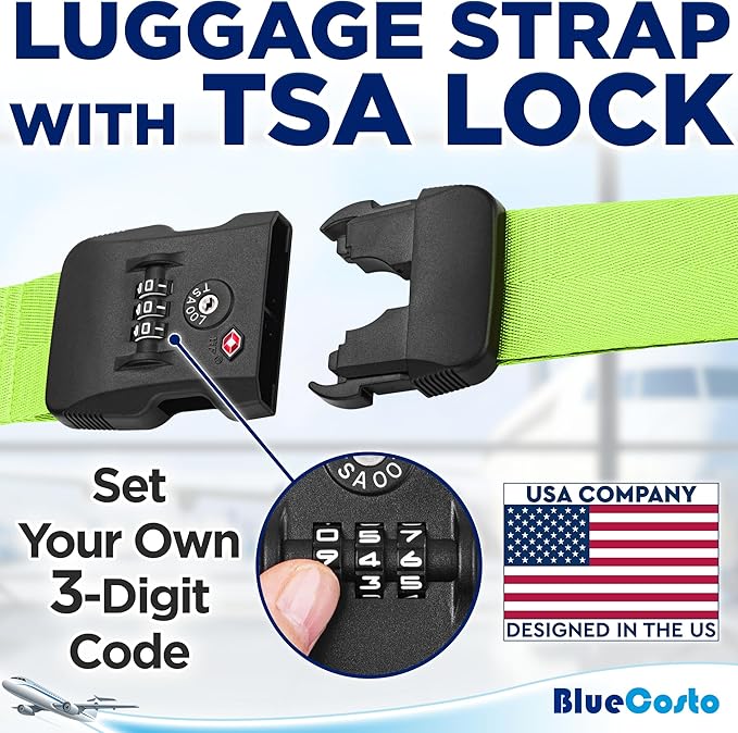 BlueCosto - Luggage Strap with TSA Lock - 7 to 13 ft Adjustable, Neon Green - TSA Approved Suitcase Security Belt with 3 Digit Combination Locking - 2" Wide Heavy Duty Baggage Strap for Secure Travel