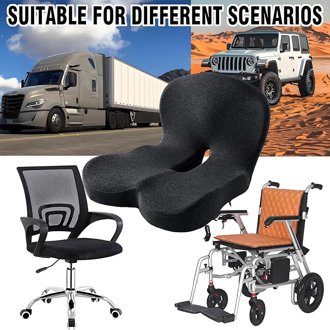 Ergonomic Seat Cushion for Back Pain & Sciatica Relief – Memory Foam Chair Pad for Office Chairs Wheelchair Car & Truck Drivers – Non-Slip Design for Long Sitting Comfort (Black)