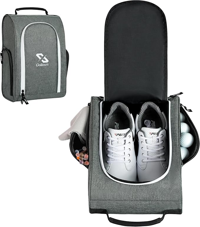 Golkcurx Golf Shoe Bag for Travel Zippered Sport Shoe Carrier Bags with Side Accessory Pockets for Socks, Tees, Golf Balls（Grey）