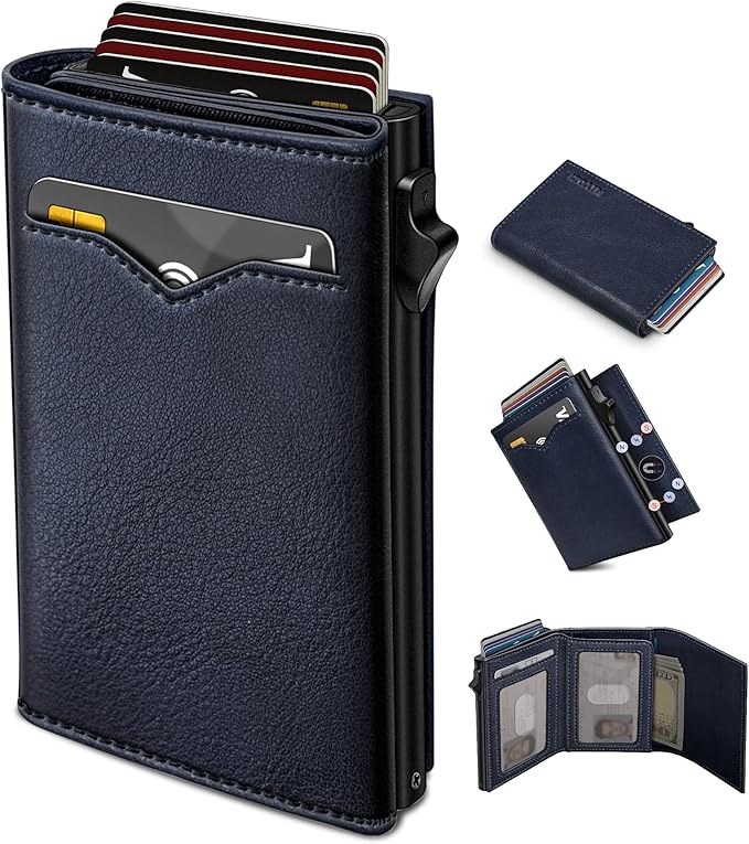 miyozi Wallet for Men,with Cash Pocket 2 ID Window 9-13 Cards,Metal Case Smart Slim Pop Up Credit Card Holder Flip with Magnetic Closure RFID Blocking Trifold wallet with Gift Box