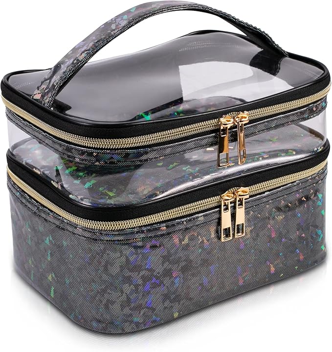 Double-layer Makeup Bag Cosmetic Bag Travel Makeup Cases Organizer Toiletry Bag Gift for Women, Portable Waterproof (Black)