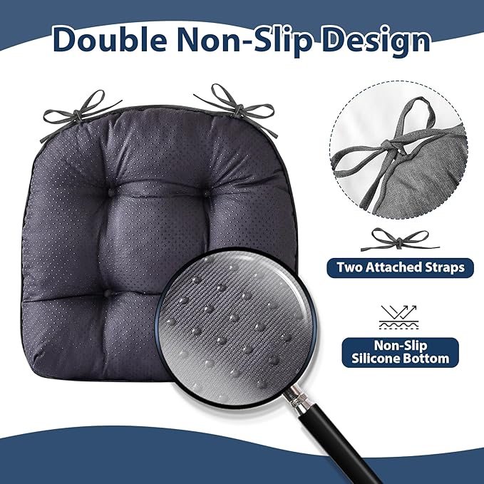 Chair Cushions for Dining Chairs, Seat Cushions for Kitchen Chairs, Indoor Seat Cushions with Ties, Tufted Foam Chair Pads, Non Slip Chair Cushions Set of 4, 15.5" x 15.5" x 4", Dark Grey