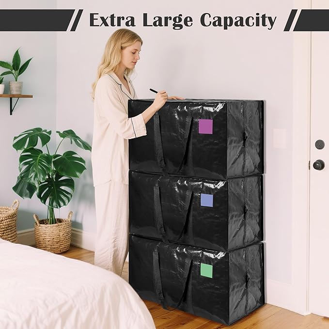 6 Pack Extra Large Heavy Duty Moving Bags with Reinforced Zipper & Wide Handles, Moisture-Resistant Storage Bins Packing Cubes for Clothes, College Dorm, Travel, and Home Organization, Black